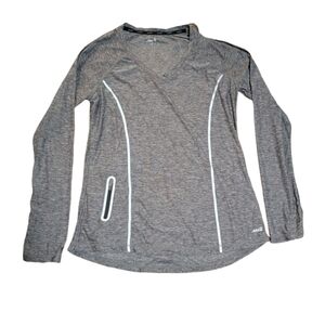 Avia Gray Long Sleeve V-Neck Performance Top with Reflective Accents